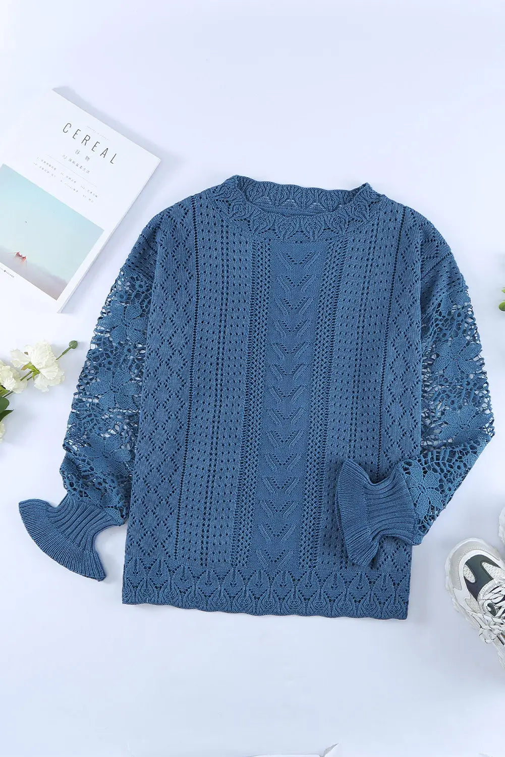 Blue crochet lace pointelle knit sweater - sweaters & cardigans