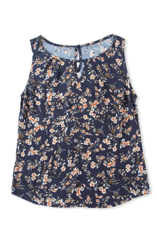 Blue cutout decor round neck floral tank top - tops