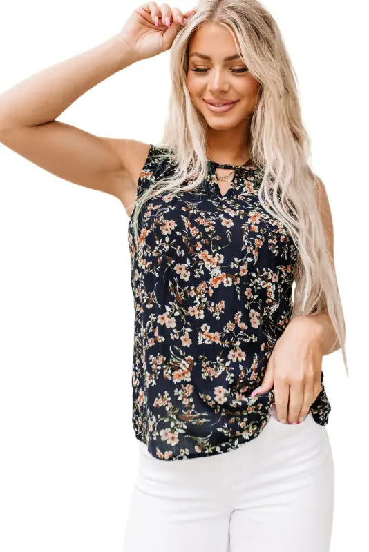 Blue cutout decor round neck floral tank top - tops