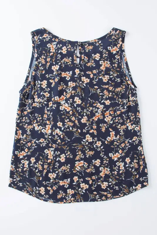 Blue cutout decor round neck floral tank top - tops