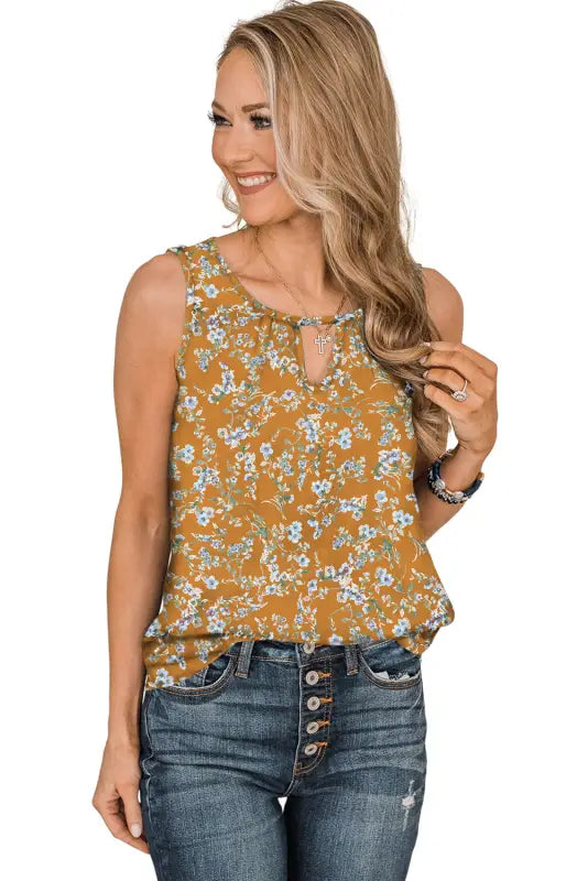 Blue cutout decor round neck floral tank top - tops