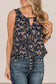 Blue cutout decor round neck floral tank top - tops