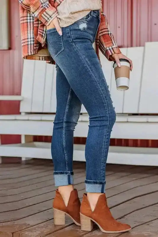 Blue Distressed Button Fly High Waist Skinny Jeans - Fashionfitz