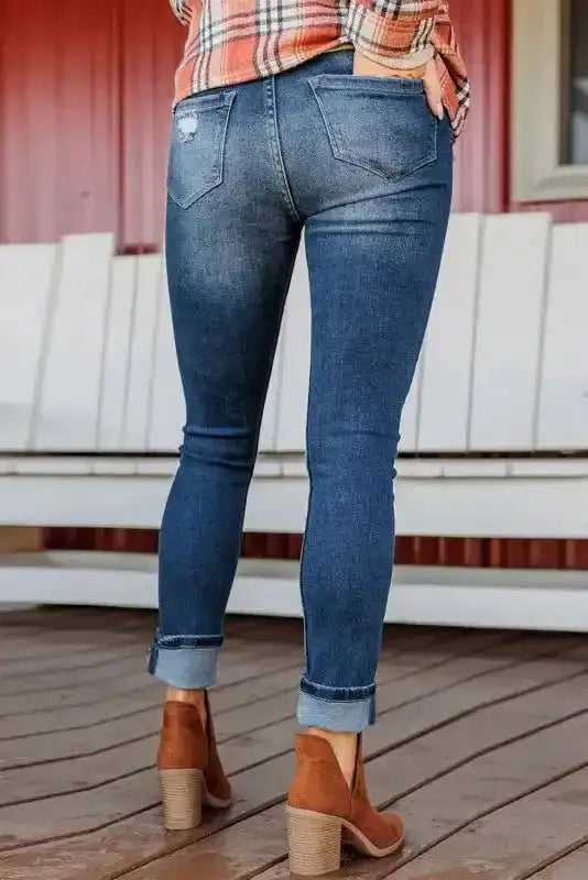Blue Distressed Button Fly High Waist Skinny Jeans - Fashionfitz
