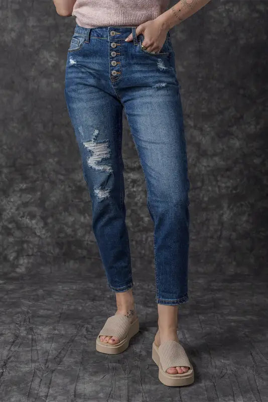 Blue distressed button fly high waist skinny jeans - bottoms