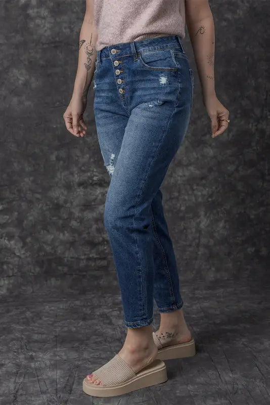 Blue distressed button fly high waist skinny jeans - bottoms