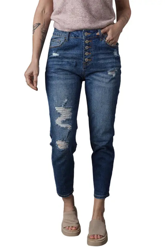 Blue distressed button fly high waist skinny jeans - bottoms