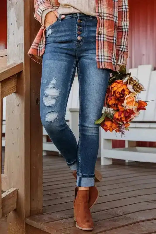 Blue Distressed Button Fly High Waist Skinny Jeans - Fashionfitz