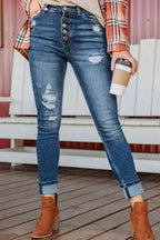 Blue Distressed Button Fly High Waist Skinny Jeans - Fashionfitz