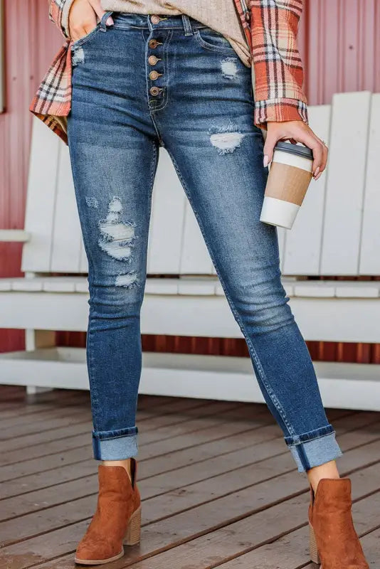 Blue distressed button fly high waist skinny jeans - bottoms