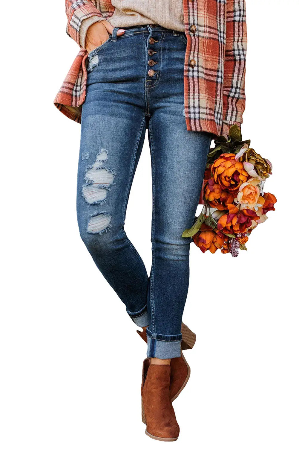 Blue distressed button fly high waist skinny jeans - bottoms
