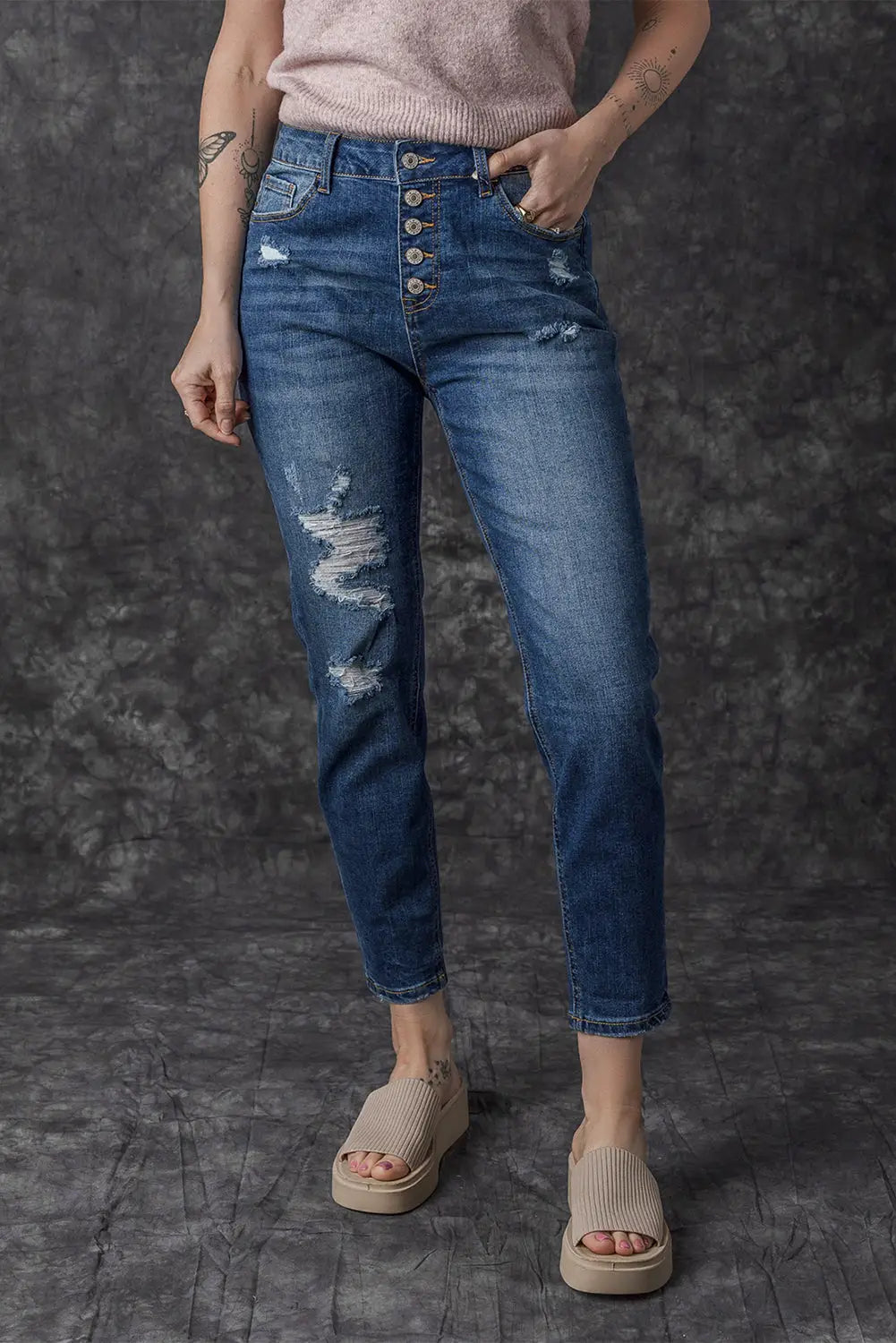 Blue distressed button fly high waist skinny jeans - bottoms