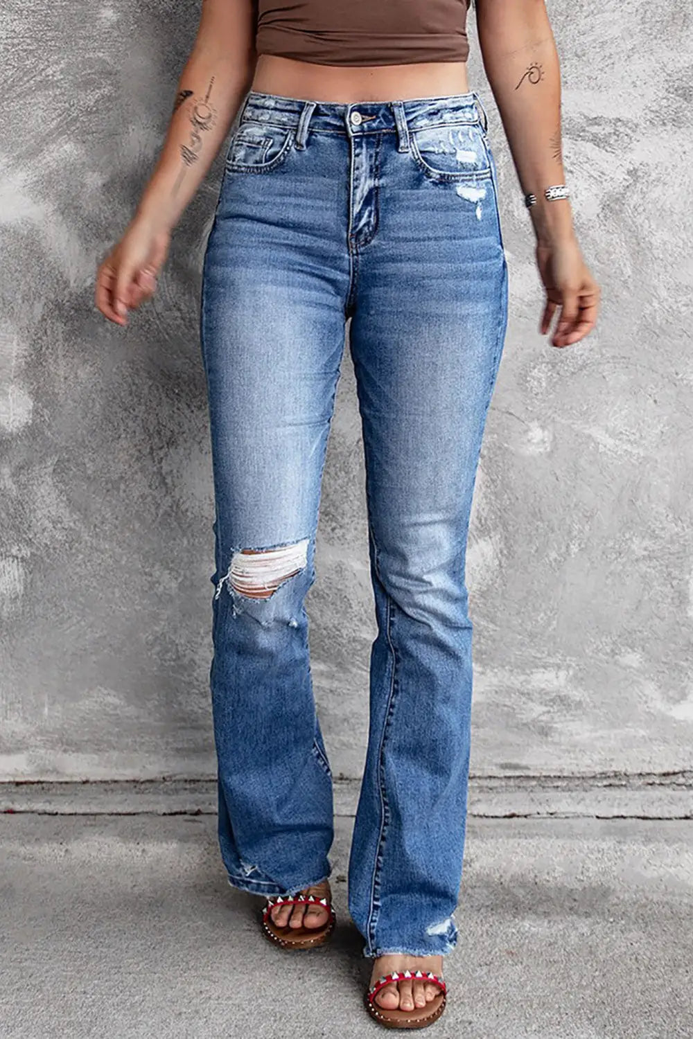 Blue distressed flare jeans - s / 70% cotton + 28% polyester + 2% elastane