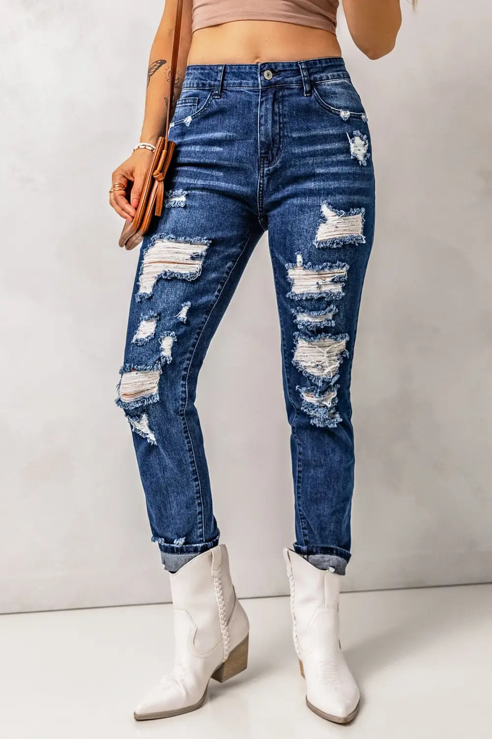 Blue distressed high waist skinny jeans - s / 98% cotton + 2% elastane