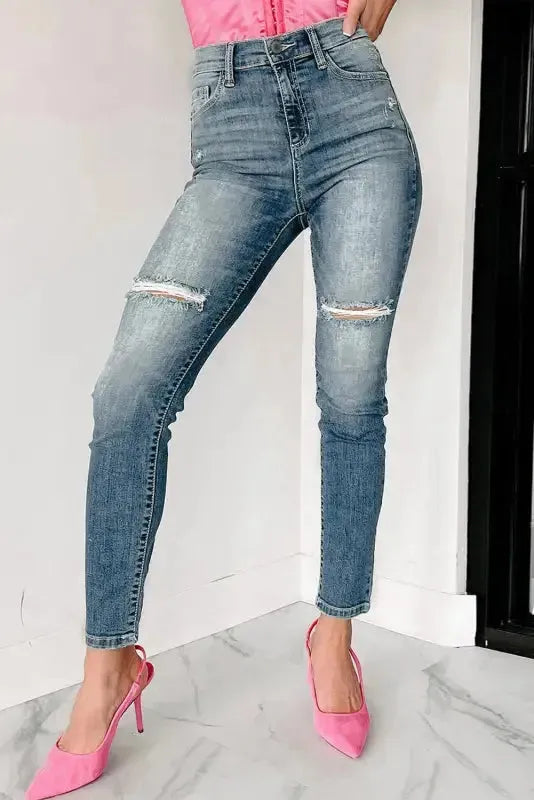 Blue Distressed Ripped Skinny Jeans - Fashionfitz