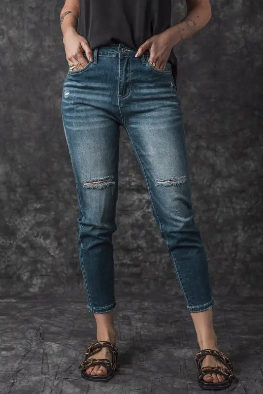 Blue distressed ripped skinny jeans - bottoms