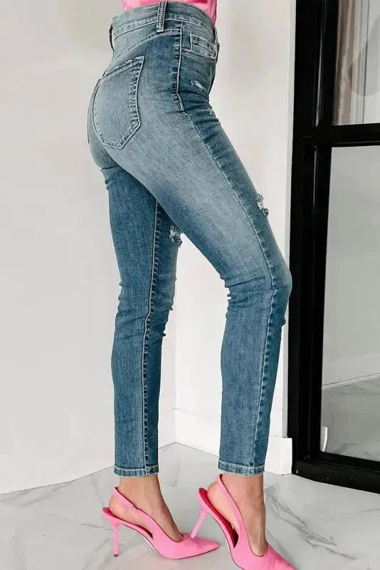 Blue Distressed Ripped Skinny Jeans - Fashionfitz