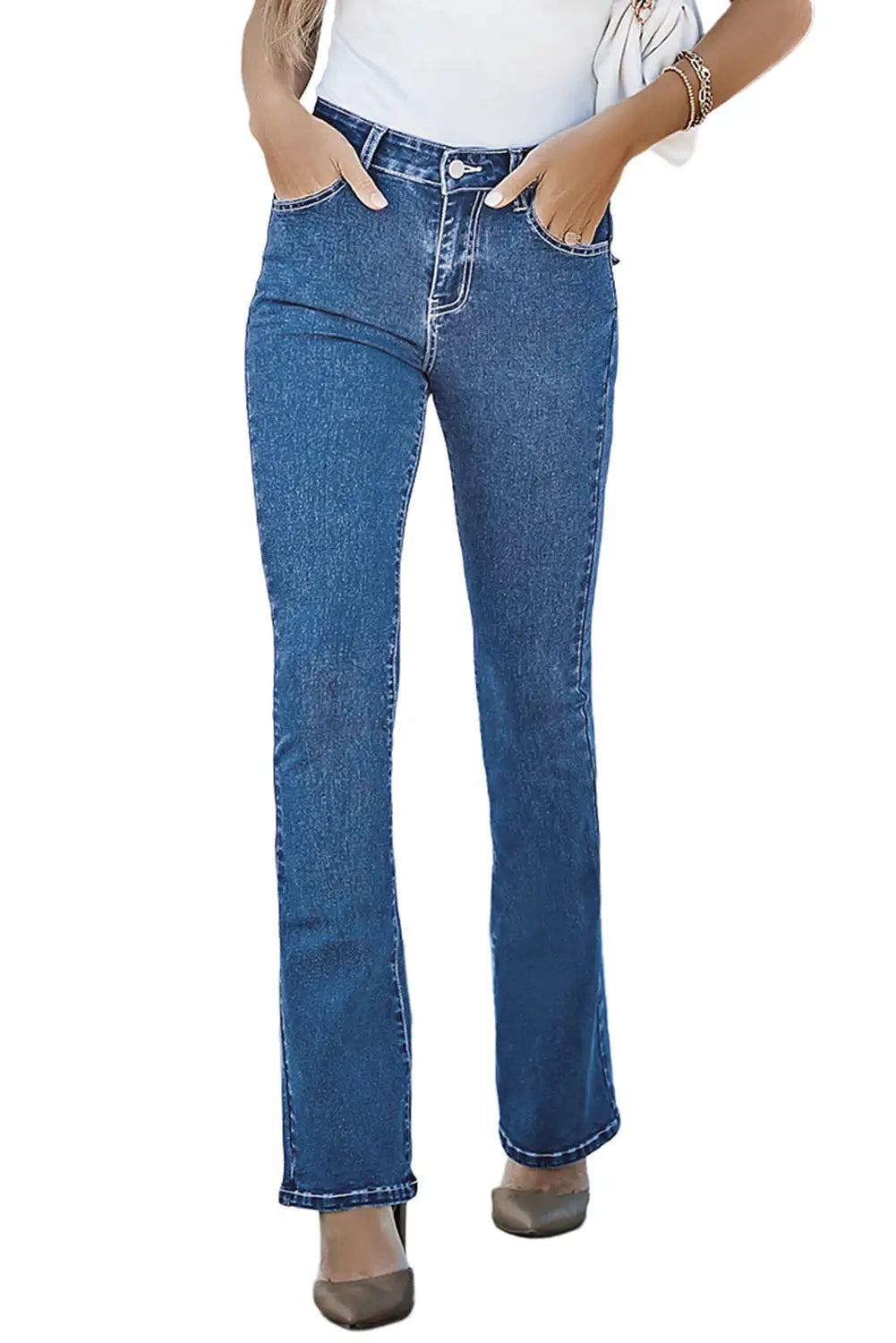 Blue flap pocket back high waist flared jeans