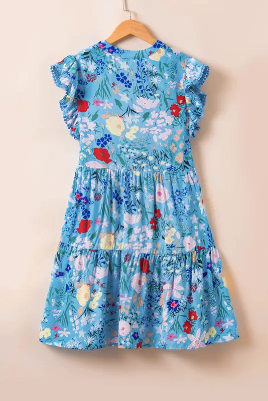 Blue floral flutter sleeve dress - dresses/floral dresses