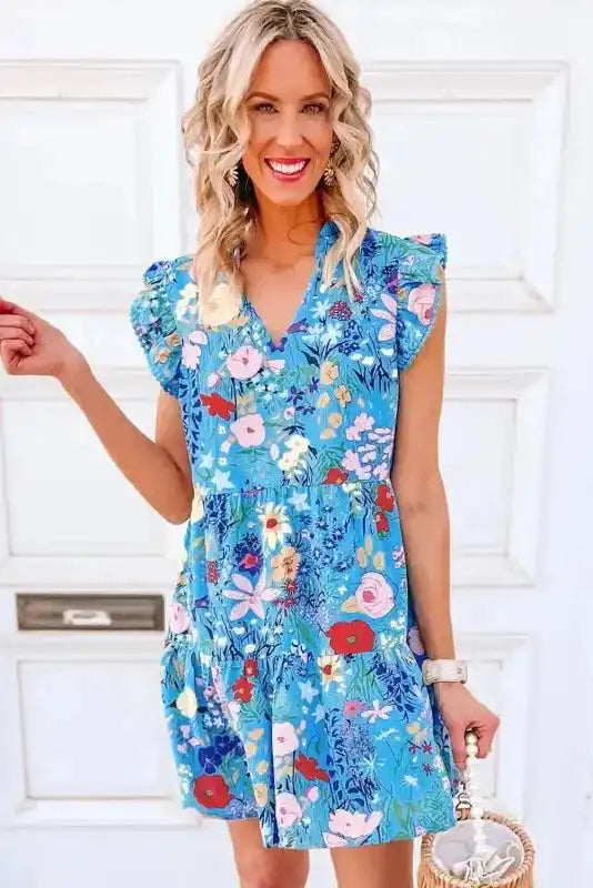 Blue Floral Flutter Sleeve Dress - Fashionfitz