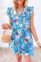 Blue Floral Flutter Sleeve Dress - Fashionfitz