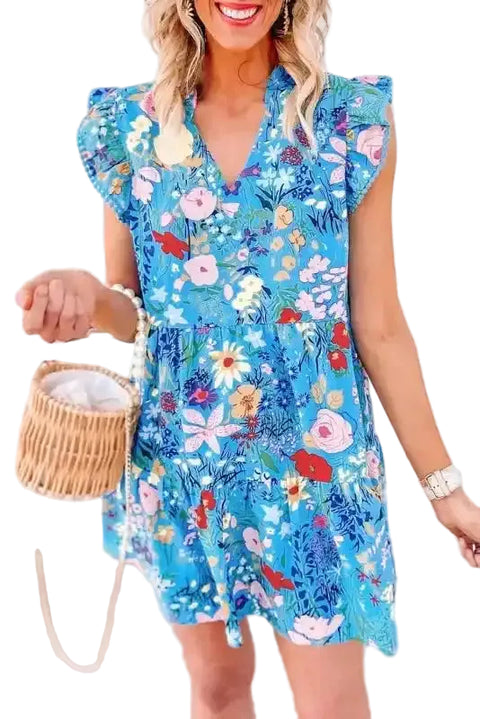 Blue Floral Flutter Sleeve Dress - Fashionfitz
