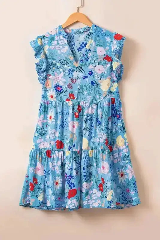 Blue Floral Flutter Sleeve Dress - Fashionfitz
