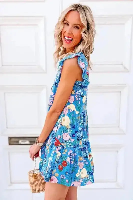 Blue Floral Flutter Sleeve Dress - Fashionfitz