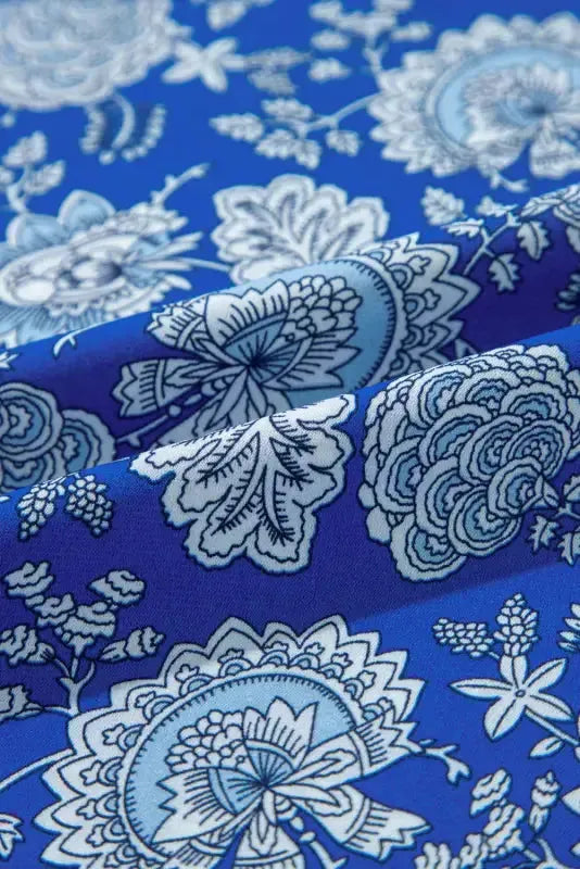 Blue Floral Notched V-Neck Long Sleeve Blouse - Fashionfitz