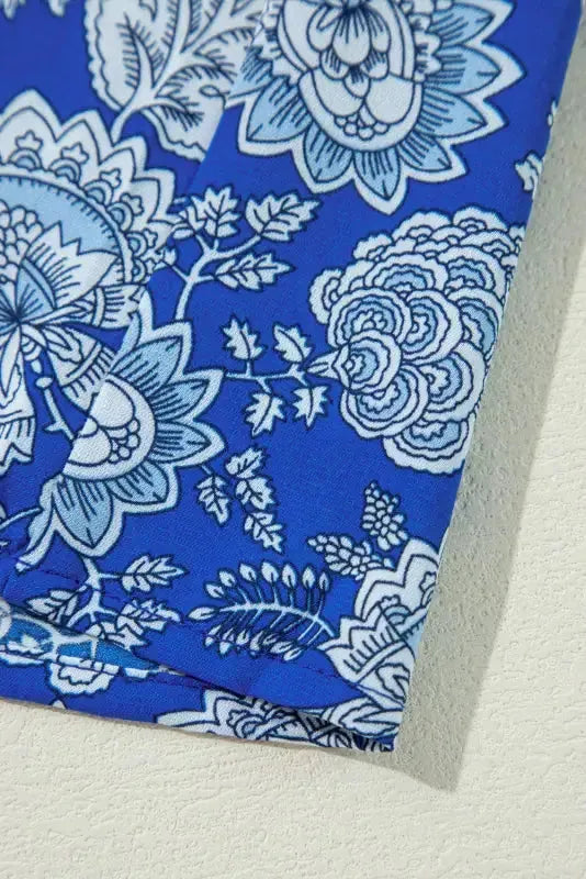 Blue Floral Notched V-Neck Long Sleeve Blouse - Fashionfitz