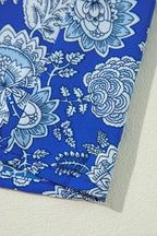 Blue Floral Notched V-Neck Long Sleeve Blouse - Fashionfitz