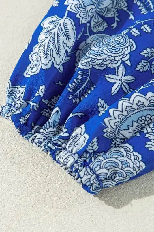 Blue Floral Notched V-Neck Long Sleeve Blouse - Fashionfitz