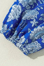 Blue Floral Notched V-Neck Long Sleeve Blouse - Fashionfitz