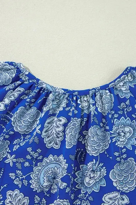 Blue Floral Notched V-Neck Long Sleeve Blouse - Fashionfitz