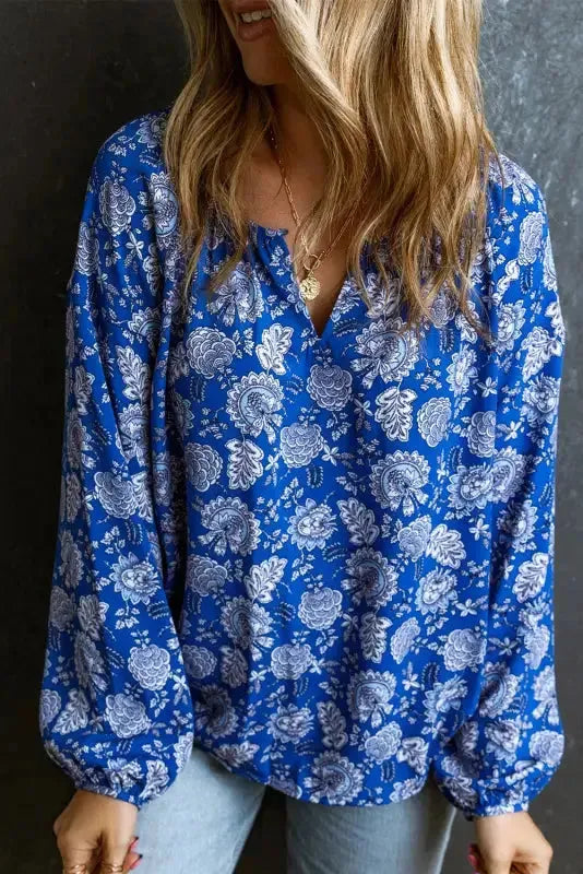 Blue Floral Notched V-Neck Long Sleeve Blouse - Fashionfitz