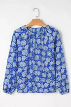Blue Floral Notched V-Neck Long Sleeve Blouse - Fashionfitz