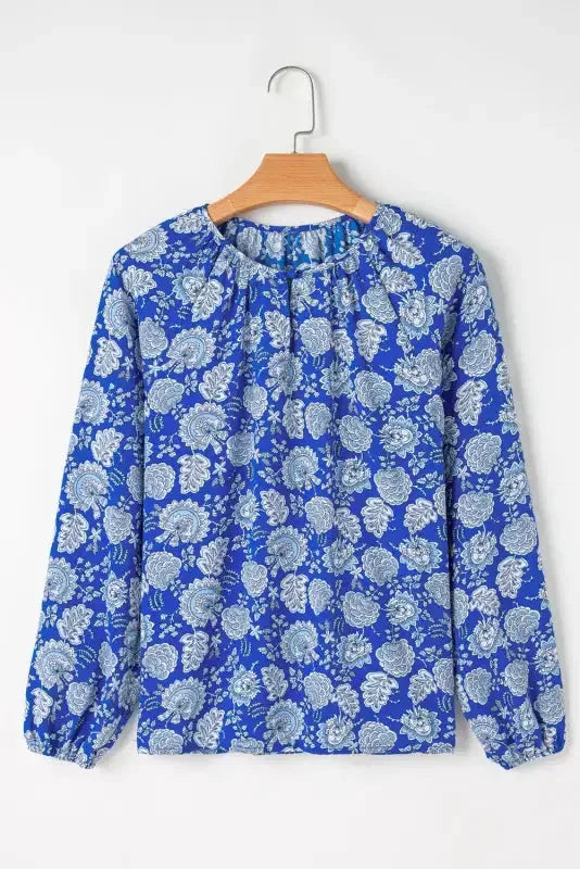 Blue Floral Notched V-Neck Long Sleeve Blouse - Fashionfitz