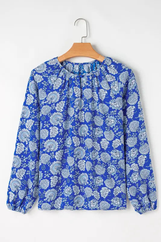 Blue floral notched v - neck long sleeve blouse - blouses &