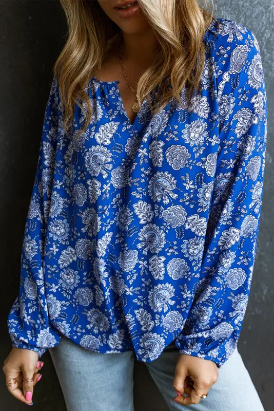 Blue floral notched v - neck long sleeve blouse - blouses &