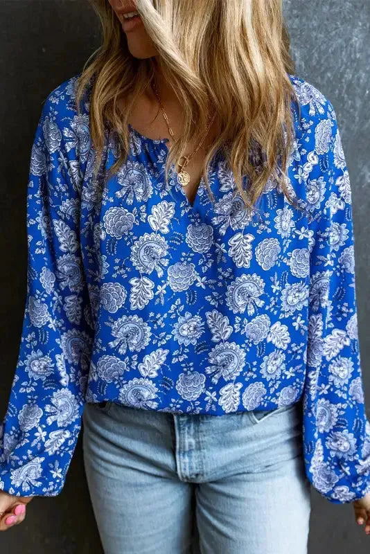 Blue Floral Notched V-Neck Long Sleeve Blouse - Fashionfitz