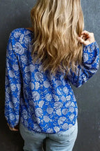 Blue Floral Notched V-Neck Long Sleeve Blouse - Fashionfitz