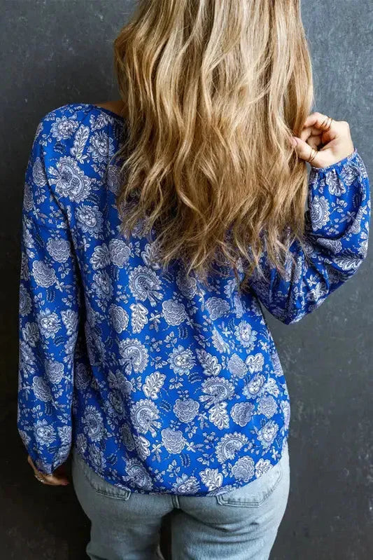Blue Floral Notched V-Neck Long Sleeve Blouse - Fashionfitz
