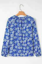 Blue Floral Notched V-Neck Long Sleeve Blouse - Fashionfitz