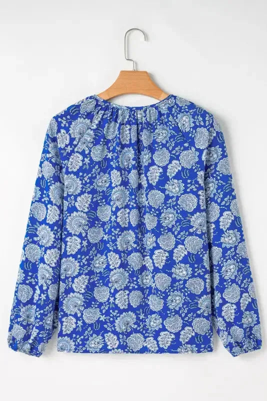 Blue Floral Notched V-Neck Long Sleeve Blouse - Fashionfitz