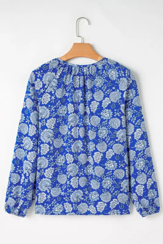 Blue floral notched v - neck long sleeve blouse - blouses &