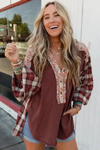 Blue Floral Plaid Mixed Print Bishop Sleeve Patchwork Top - Fashionfitz