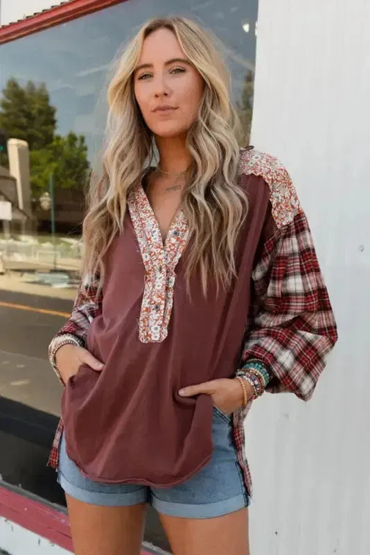 Blue Floral Plaid Mixed Print Bishop Sleeve Patchwork Top - Fashionfitz