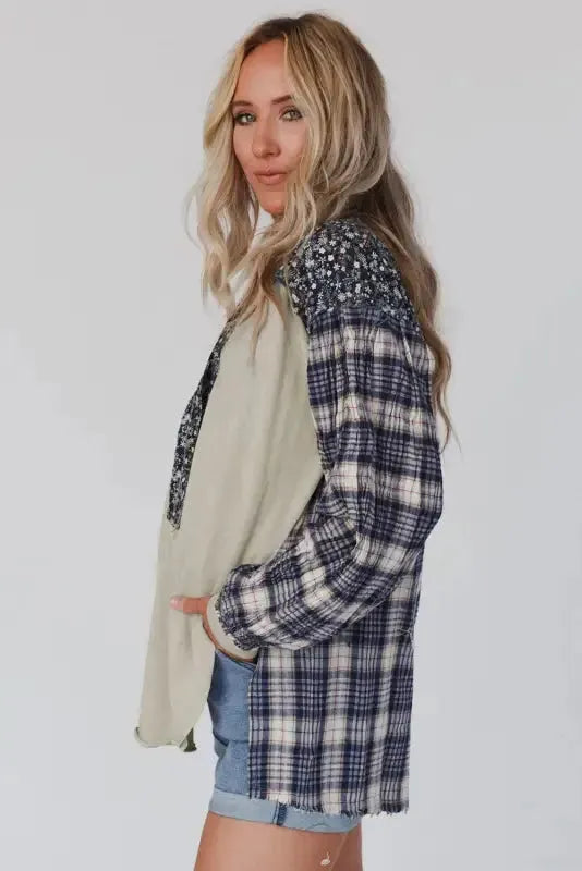 Blue Floral Plaid Mixed Print Bishop Sleeve Patchwork Top - Fashionfitz