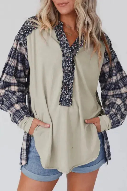 Blue Floral Plaid Mixed Print Bishop Sleeve Patchwork Top - Fashionfitz