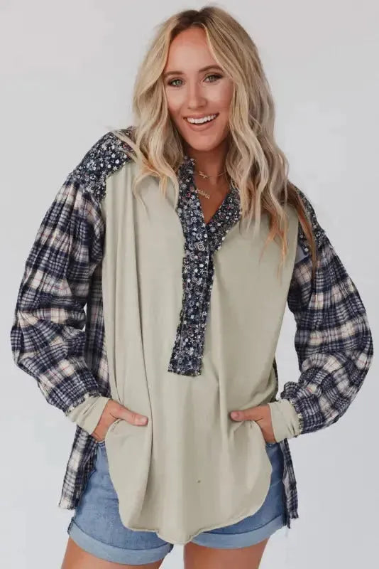 Blue Floral Plaid Mixed Print Bishop Sleeve Patchwork Top - Fashionfitz